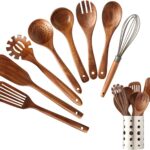 Wooden Kitchen Utensils Set with Holder, NAYAHOSE 9 Pcs Teak Wood Spoons for Cooking Spatula Set with Stainless Steel Storage Barrel