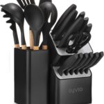 syvio Knife Set, 21pcs Utility Knife Sets for Kitchen with Block and Sharpener, Razor-Sharp, Effortless Sharpening, Premium Kitchen Knives with 6 pcs Kitchen Utensils Set and Utensil Holder, Black