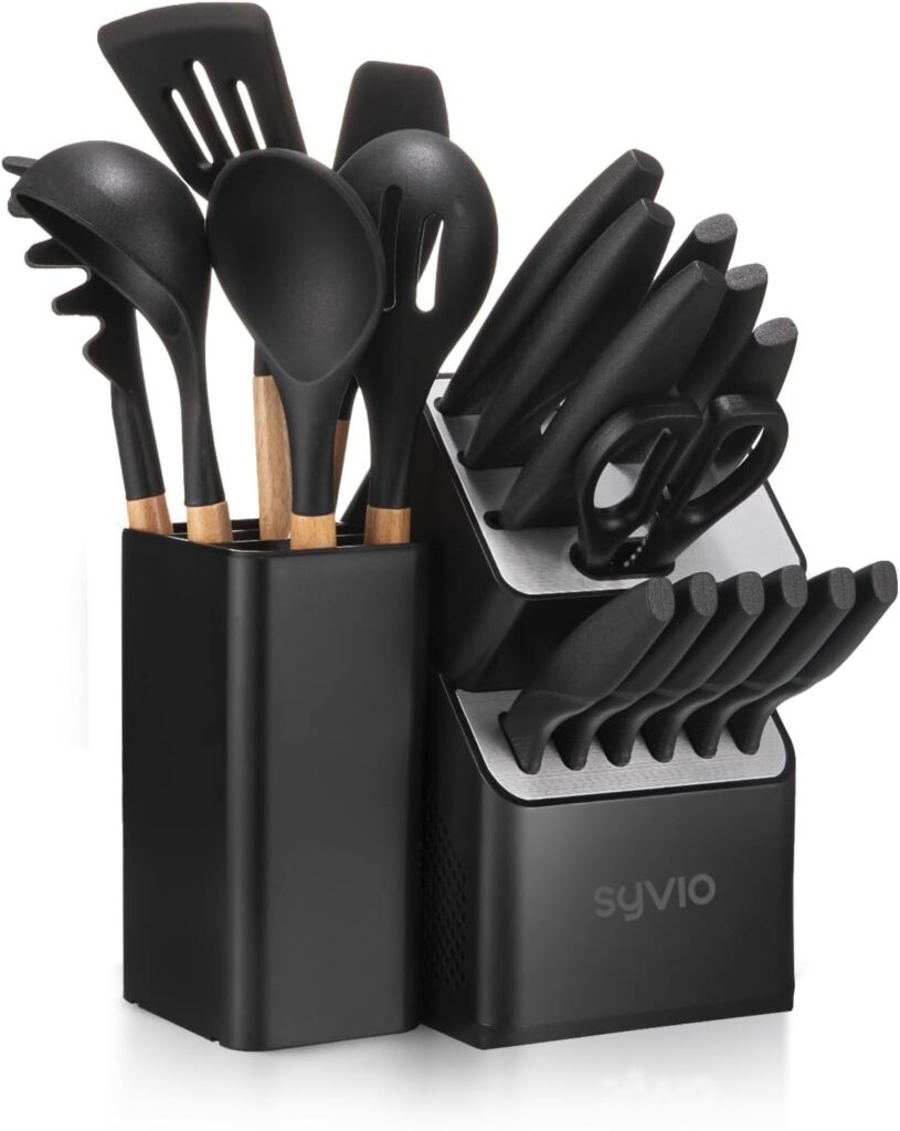 syvio Knife Set, 21pcs Utility Knife Sets for Kitchen with Block and Sharpener, Razor-Sharp, Effortless Sharpening, Premium Kitchen Knives with 6 pcs Kitchen Utensils Set and Utensil Holder, Black
