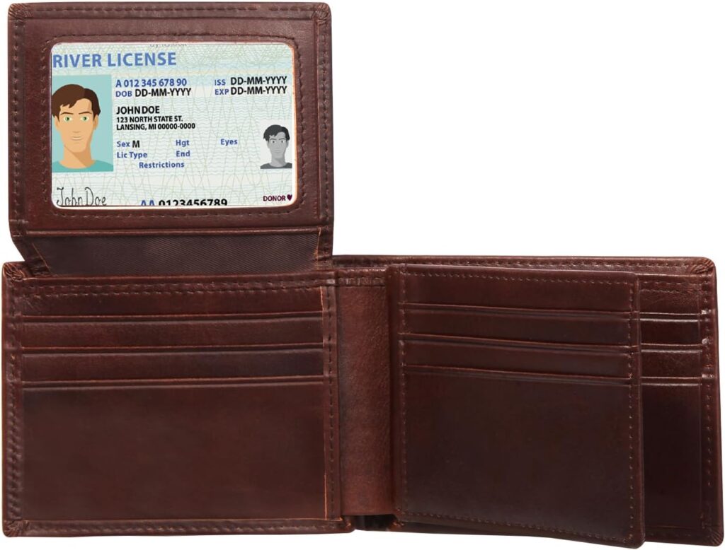 Mens Bifold Leather Wallet with 2-3 ID/photo windows and 14 Card Slots, Large Capacity RFID Blocking Wallet for Men（Dark brown ）