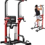 Pooboo Power Tower Dip Station Pull Up Bar for Fitness Home Gym Workout,Multi-Function Adjustable Height Fitness Strength Training Exercise Equipment,with Power Elastic Ropes