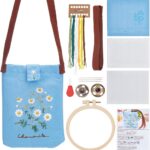 PLIGREAT Blue Canvas Tote Bag Embroidery Kit for Beginners Daisy Embroidery Satchel Bag Kit with Hoop and Buckles Floral Cross Stitch Kit for Adults Women Men DIY Crafts Gift