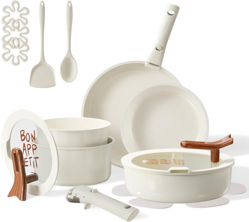 CAROTE 18Pcs Ceramic Cookware Set with Detachable Handle, Pots and Pans Set Non Stick, Non Toxic Kitchen Cooking Sets with Stand-Up Lid, PFAS and PFOA Free, Oven Safe, Induction Ready, Cream White