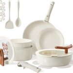 CAROTE 18Pcs Ceramic Cookware Set with Detachable Handle, Pots and Pans Set Non Stick, Non Toxic Kitchen Cooking Sets with Stand-Up Lid, PFAS and PFOA Free, Oven Safe, Induction Ready, Cream White