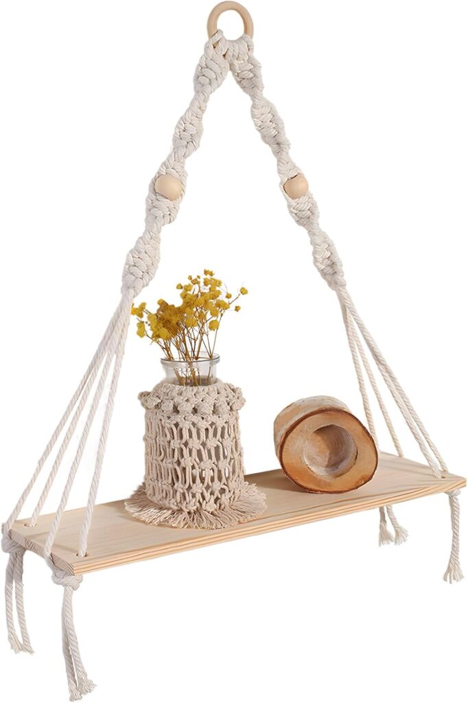 Boho Macrame Wall Hanging Shelves,Wooden Floating Shelves for Wall with Handmade Woven Rope for Home Decor