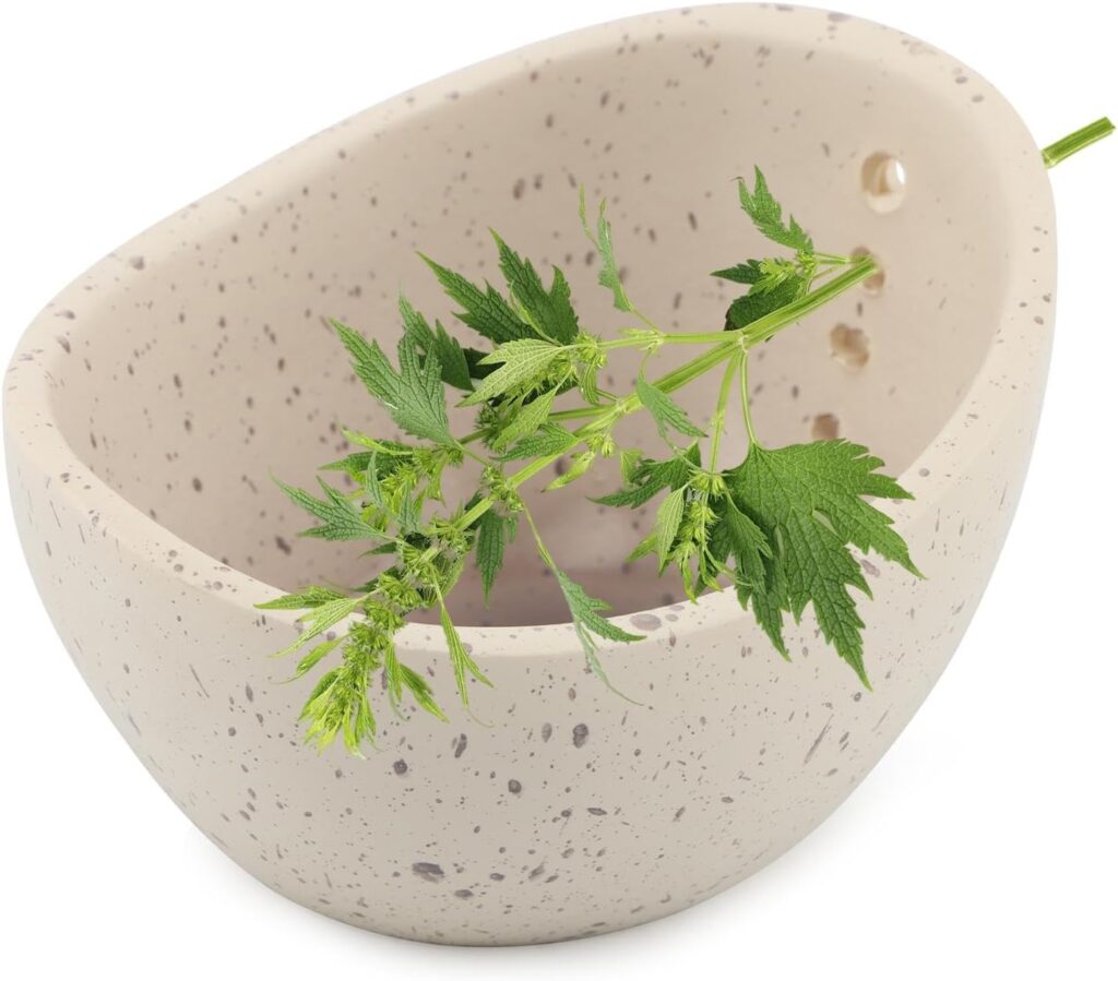 Pottery Herb Stripper Bowl, Handmade Herb Stripper Ceramic Bowl with 4-Slot Different Hole Sizes for Kale, Herbs & Broccoli, Efficient Peeling Off The Leafy Assembly(White)