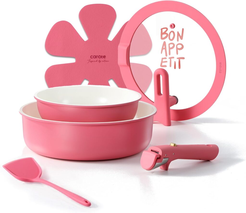 CAROTE Ceramic Pots and Pans Set Non Stick, Nonstick Kitchen Cookware Sets with Lid, Detachable Handle Sauté Pan Set, Non Toxic Frying Pan, Oven Safe, Induction Ready, Pink