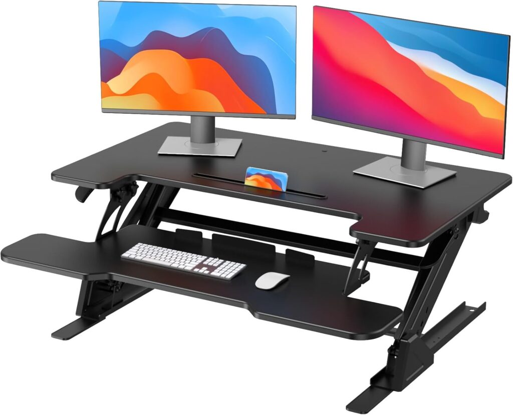 HUANUO 36″ Z Shaped Stable Standing Desk Converter, Height Adjustable Sit Stand Up Desk Riser, Dual Monitor and Laptop Workstation with Wide Keyboard Tray, Desk Lifter for Home Office