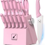 imarku Knife Set with Block, Sharp Knife Set with Built-in Sharpener, Japanese Stainless Steel Kitchen Knife Set with Non-Slip Ergonomic Handle, Dishwasher Safe, Best Holiday Gifts, 14 PCS, Pink