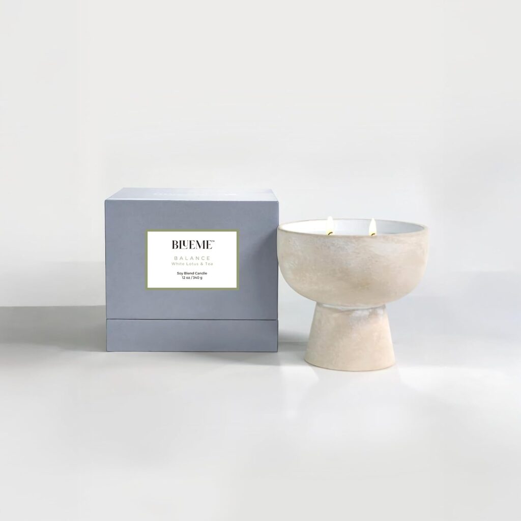 BLUEME Balance-White Lotus & Tea, 2 Wick, Refillable Wellness Candle, Contains Essential Oil, Sustainable, Hand Finished, Hand Poured, Premium, Luxury Ceramic, Natural Cotton Wick, Soy-Wax Blend