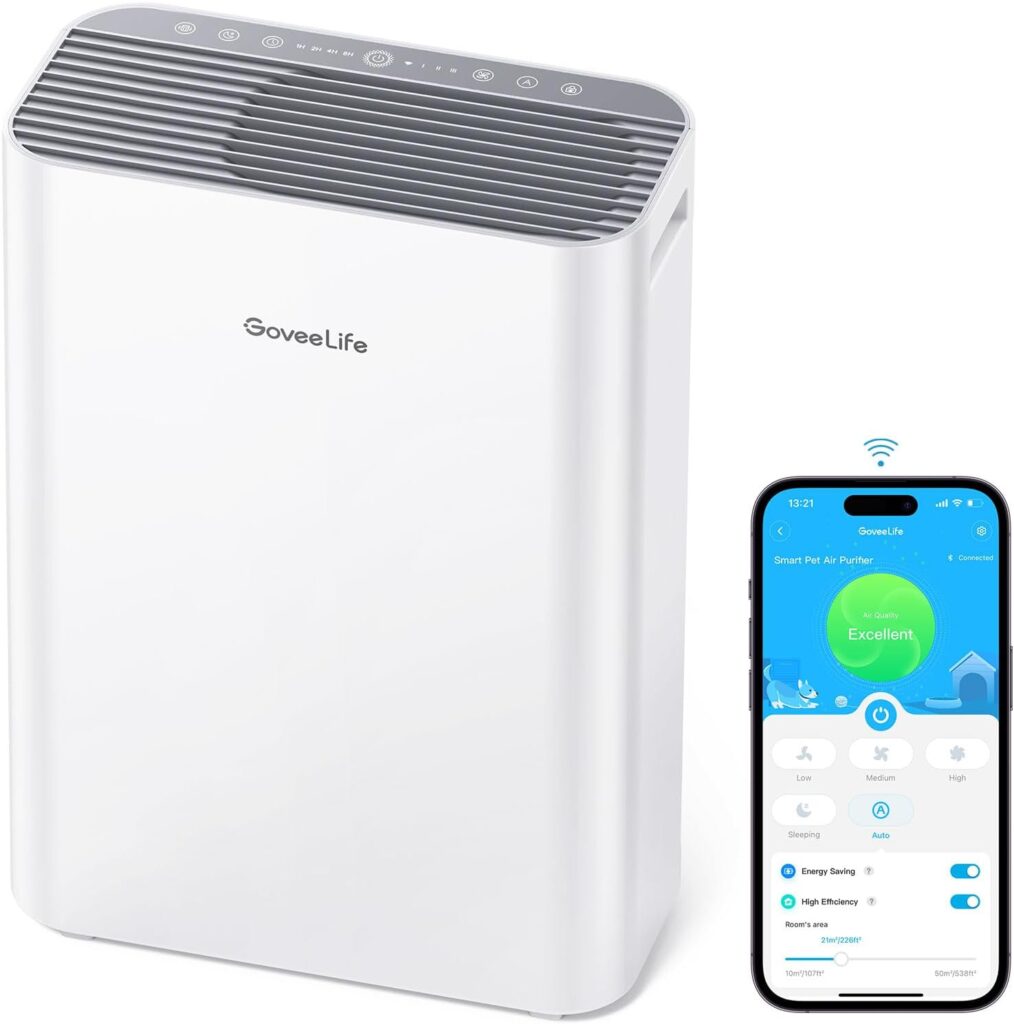 GoveeLife Smart Air Purifiers for Home Large Room, Air Purifiers for Pets with PM2.5 Sensor, Washable Pre-Filter for Pet Hair Lint, 24dB Large Air Purifier with App Control