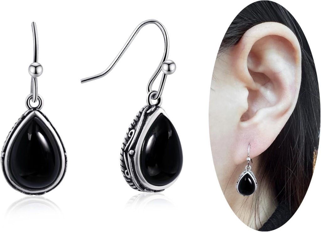 Silver Birthstone Teardrop Dangle Drop Earrings with Emerald Ruby Sapphire Tourmaline Stone, Vintage Green Red Blue Black Gemstone Earrings Birthstone Jewelry for Women