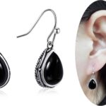 Silver Birthstone Teardrop Dangle Drop Earrings with Emerald Ruby Sapphire Tourmaline Stone, Vintage Green Red Blue Black Gemstone Earrings Birthstone Jewelry for Women