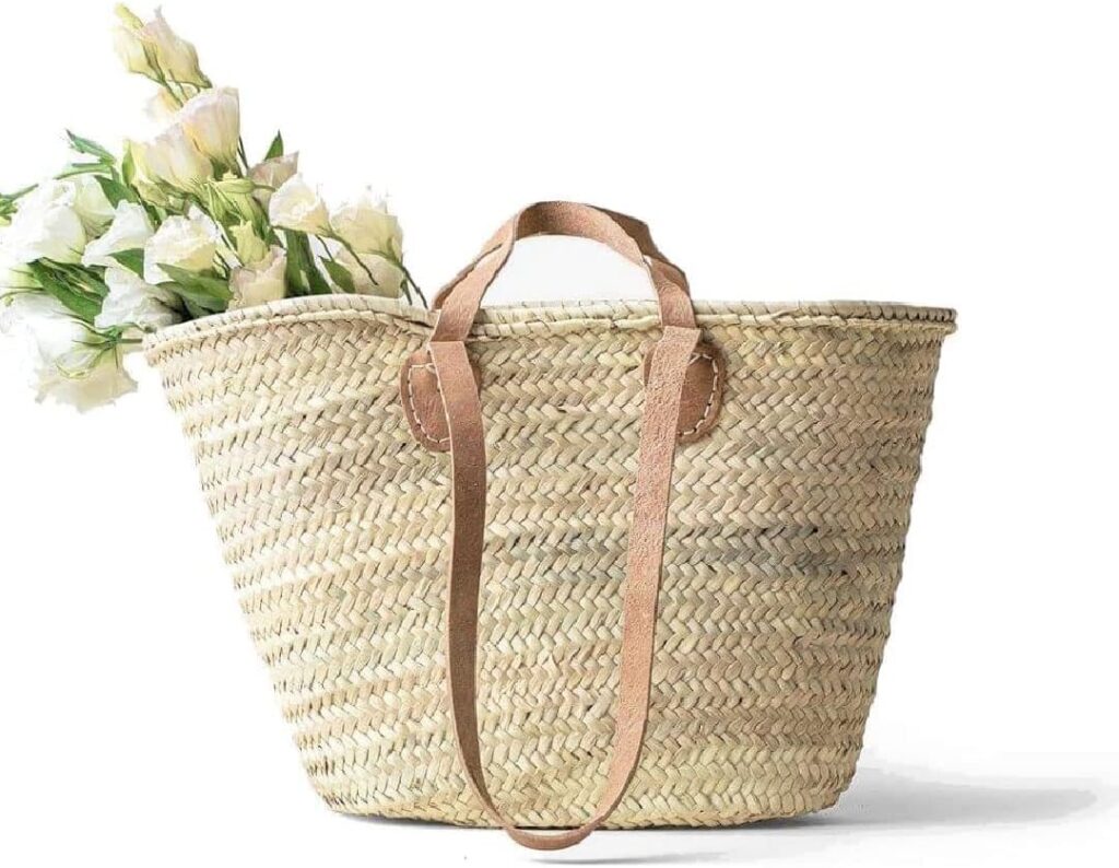 French Market Basket with Double Flat Leather Handle, Handmade Straw Tote for Shopping, Beach, and Everyday Use