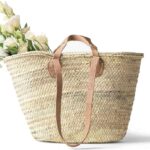 French Market Basket with Double Flat Leather Handle, Handmade Straw Tote for Shopping, Beach, and Everyday Use