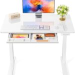 Marsail Glass Standing Desk with Drawer 37 x 22 Inches Stand up Desk Standing Desk Adjustable Height with One-Piece Tempered Glass Top, Ergonomic Home Office Desk with 4 Preset Heights White