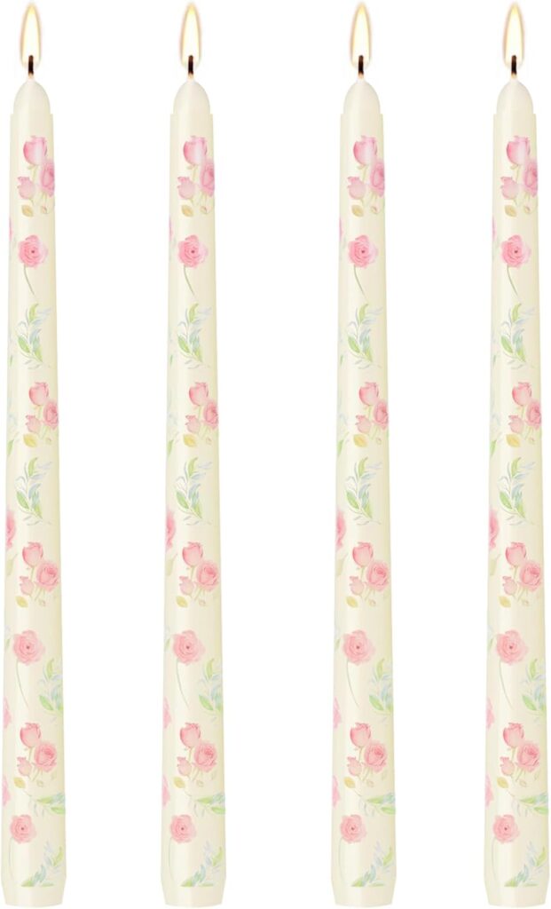 10 Inch Ivory Taper Candles,4pcs Handmade Unscented and Smokeless Tall Candlesticks-8 Hours Burning Time, Rose Floral Taper Candles-Ideal for Mother Day,Weddings, Dinner Parties, and Home Decor