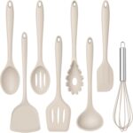 TeamFar 8 PCS Silicone Cooking Utensils – 446°F Heat Resistant Kitchen Silicon Utensils Set, Turner, Spatula, Spoon, Whisk, Kitchen Cooking Gadgets Tools for Nonstick Cookware, Dishwasher Safe-Khaki