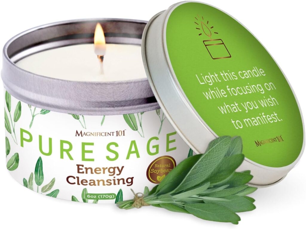 Magnificent 101 Long Lasting Pure White Sage Candle – 6 Oz – 35 Hour Burn Time – Organic, All Natural, Soy Candle to Cleanse Your Home & Calm, Soothe, Use with Sage Smudge Kit – Spiritual