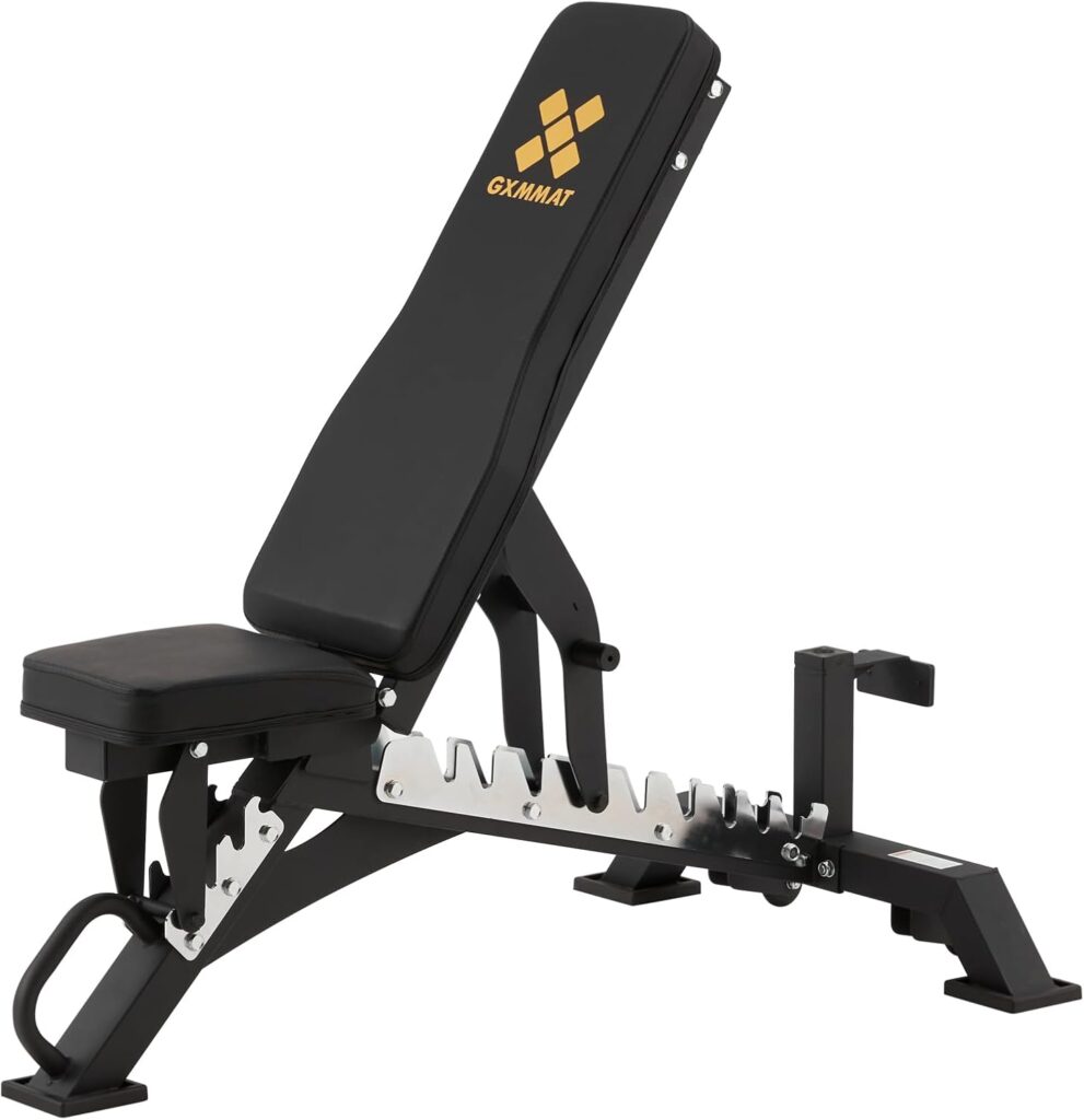 GXMMAT Adjustable Weight Bench, Heavy Duty Workout Bench for Body Strength Training and Garage Gym, Home Gym Exercise Equipment with Wheels, Quick Installation, Can Be Stored Upright