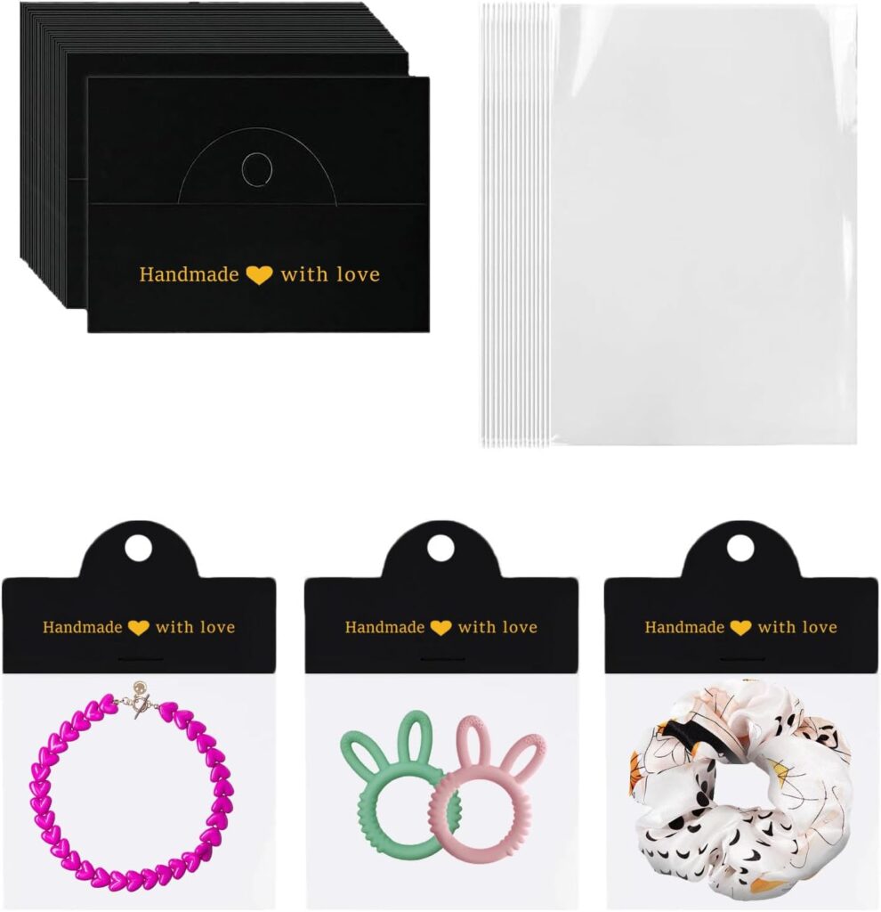 100Pcs Jewelry Packaging for Small Business, Handmade with Love Jewelry Display Cards with Clear Bags for Selling, Small Craft Packaging Set for Bracelets, Key Chains, Earring (Black)