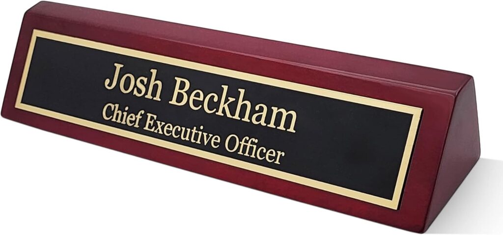 Engraving International Elegant Wood Desk Name Plate | Custom Personalized Gift for Office | Rosewood Piano Finish | Black & Gold Design | Perfect for Boss, Colleague & Teacher | 2×10 Inches