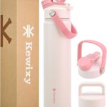 24 oz Insulated Water Bottle, 2-in-1 Lid, Straw & Spout with Protected, Leak Proof, Keep Cold, Stainless Steel, Metal, Reusable, Handle, for Travel, Gym and School, 2 Lids, Pale Pink