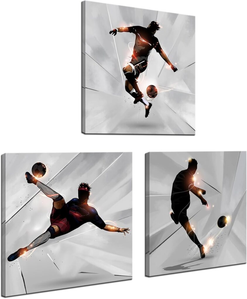 KLVOS Soccer Wall Art Prints Boy Room Sports Theme Decor Stretched and Gallery Wrap Modern Home Decoration for Man Cave Bedroom Ready to Hang – 12x12inchx3 Panel
