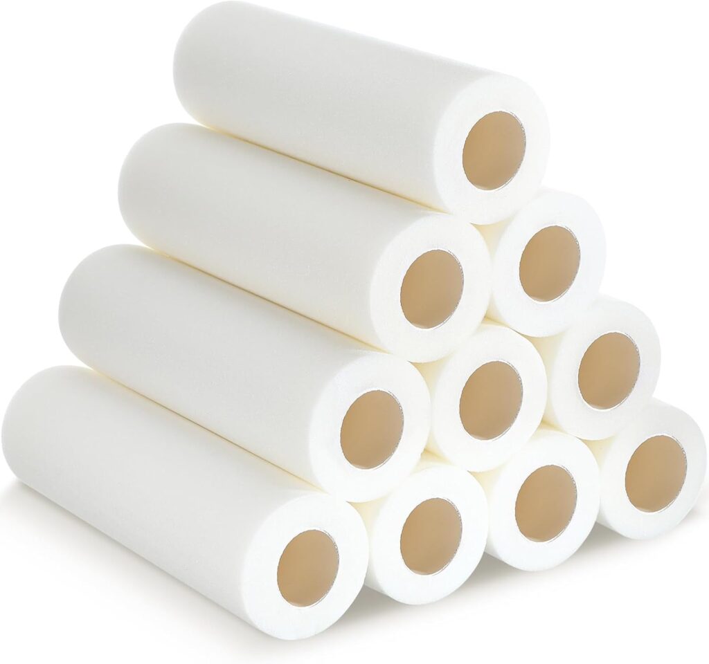 Nuenen 10 Pcs 9 Inch Foam Paint Roller, High Density Foam Paint Roller Covers Wall Paint Roller for Painting Doors Houses Cabinets Ceilings Furniture Smooth Even Finishes Flat Surfaces, White