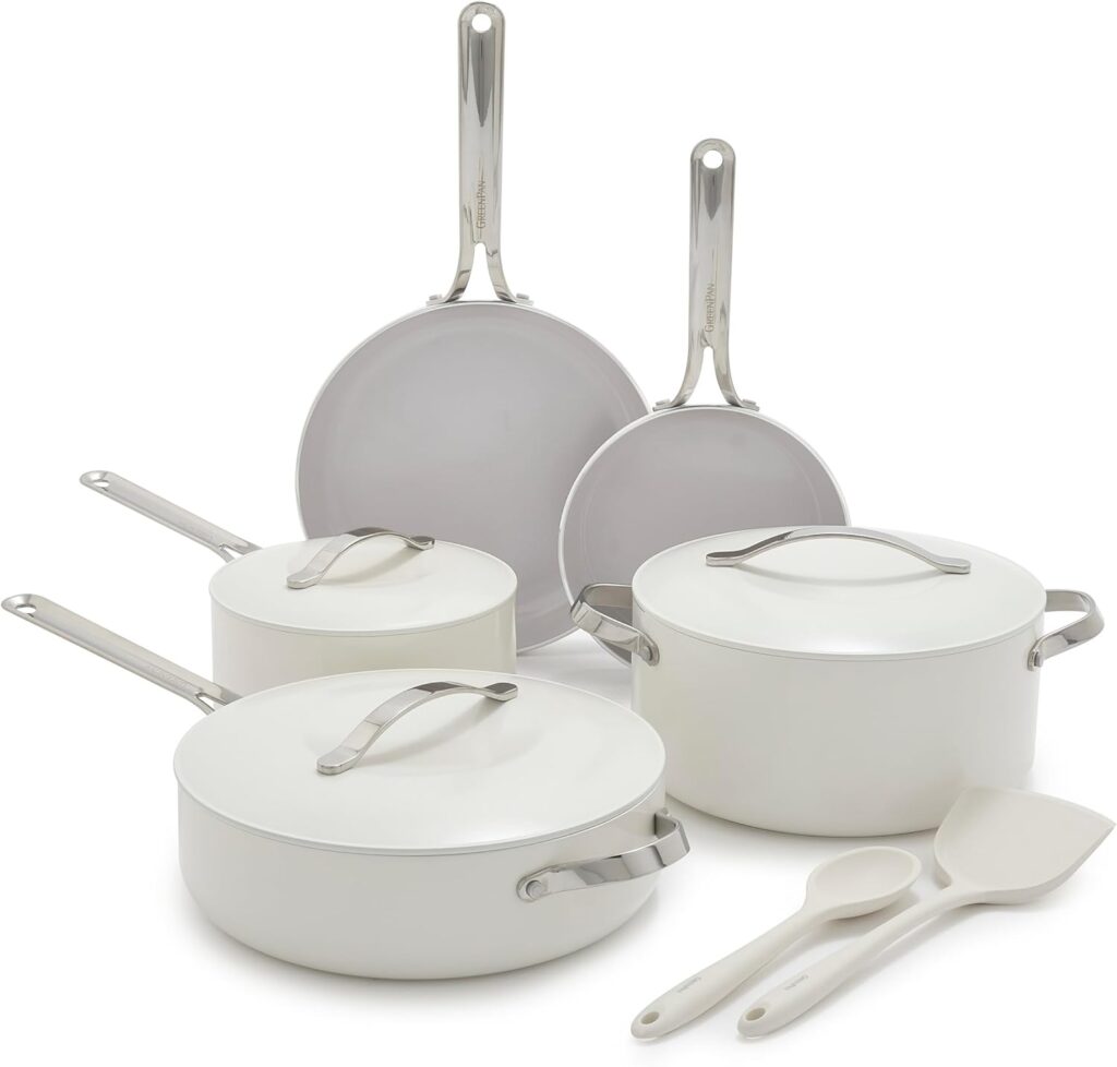 GreenPan Nova 10-Piece Cookware Pots & Pans Set, Oprah’s Favorite Things 2024, PFAS-Free Ceramic Nonstick, Fry, Sauté, Stockpot, Utensils, Lids, Induction Suitable, Dishwasher & Oven Safe, Cream White