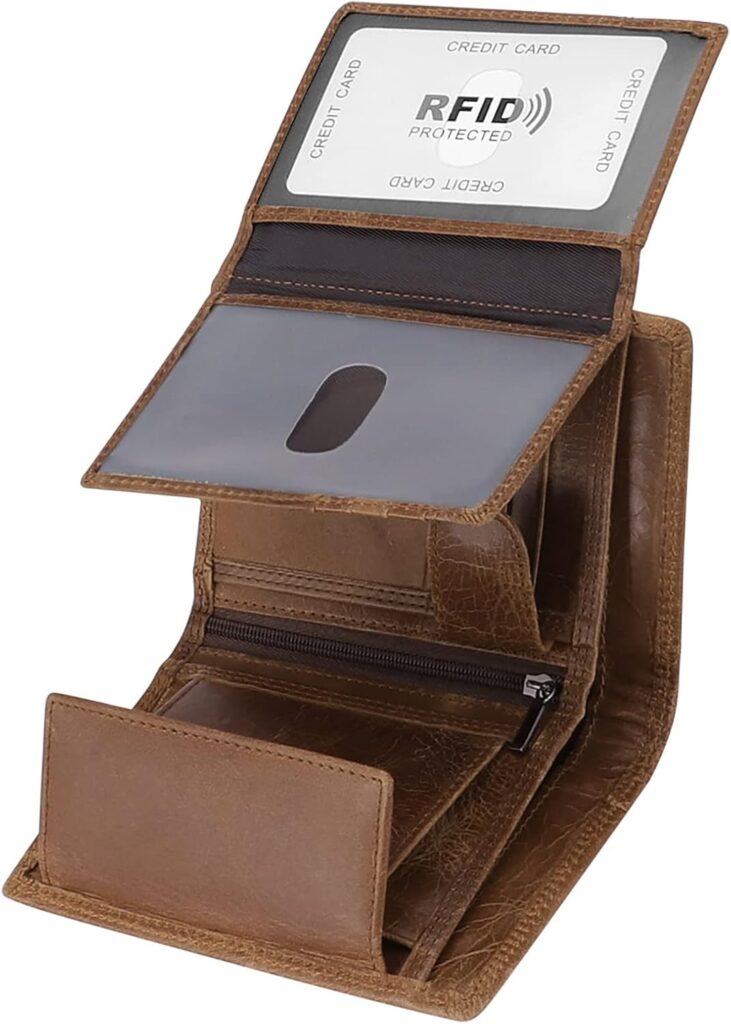 Trifold Billfold RFID Blocking Cowhide Leather Wallet for Men 10 Card Slots 2 ID Windows with Coin Pocket