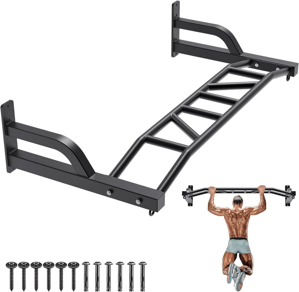 SELEWARE 48” Heavy Duty Pull Up Bar Wall Mount Multi-function Chin up Bar with Home Gym Cable Pulley System LAT Pulldown Workout Attachments Heavy Bag Hanger