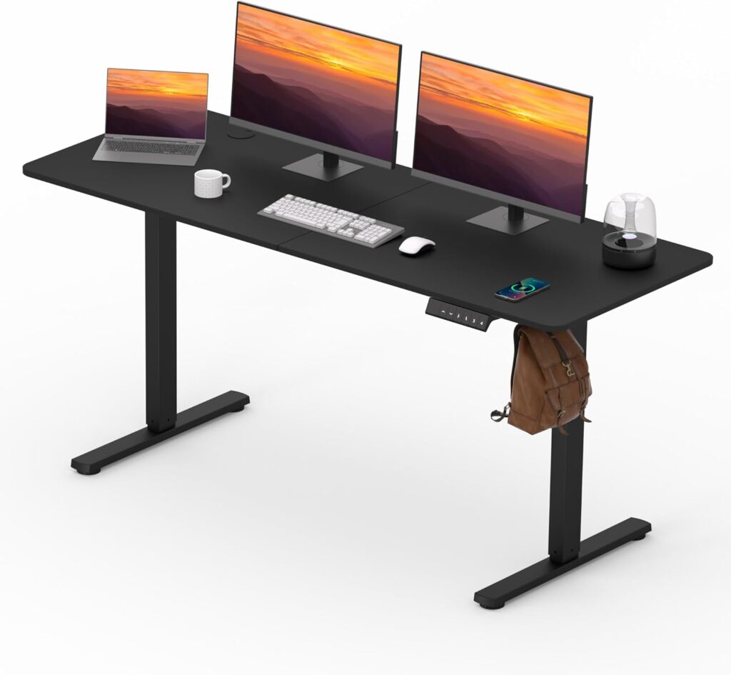 Adjustable Stand Up Desk Standing Desk, 63×24 Inches Home Office Desk with Memory Preset, Computer Workstation Splice Black Top + Black Frame