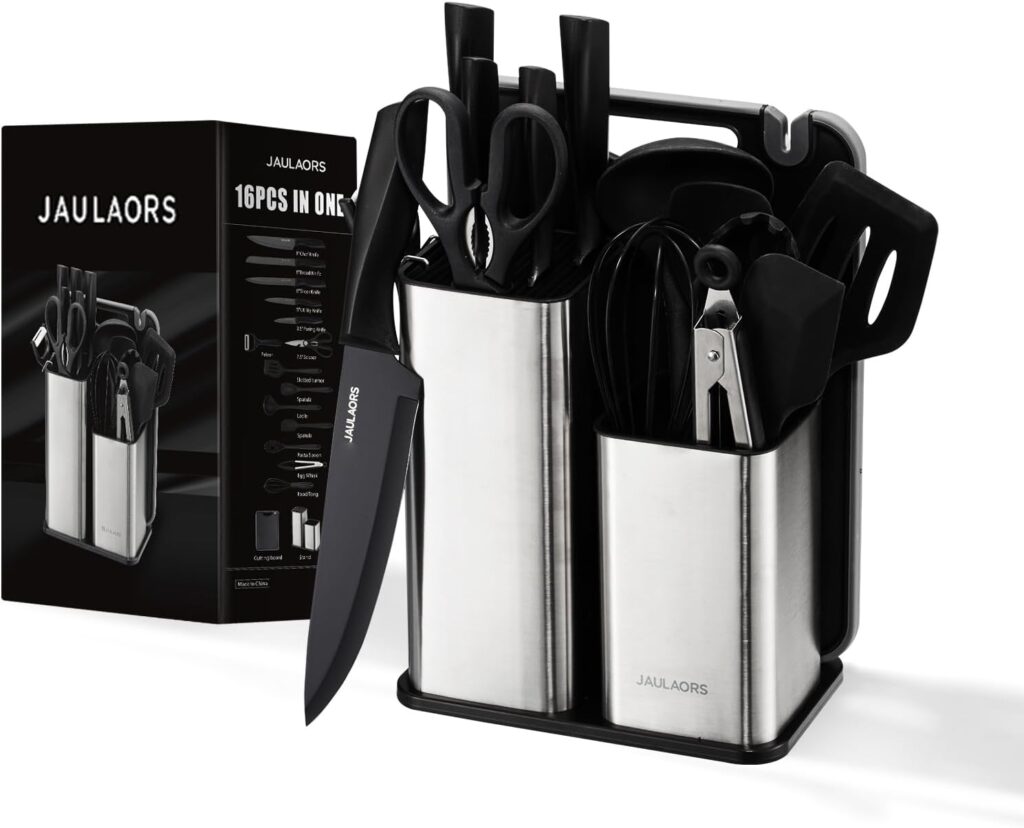 Knife Set with Block,16-Piece Kitchen Knives Stainless Steel,Pro-Sharpened for Cooking,Slicing,Mincing,Dicing,Black
