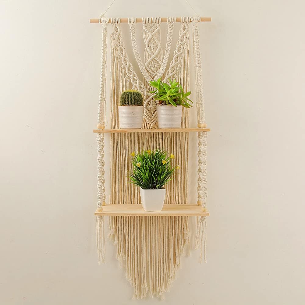 Mong Macrame Wall Hanging Shelf – Boho Hanging Shelves for Wall – Decorative Bohemian Floating Plants Room Storage Shelving Macrame Rope Decor Organizer Rack, 2 Tier Handmade Plant Shelves