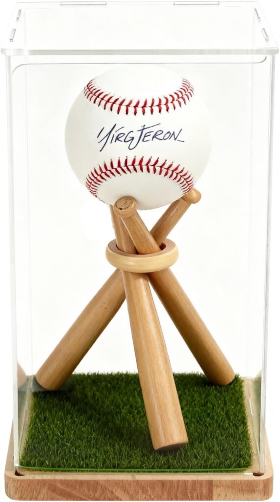 Baseball Display Case with Wood Stand & Grass Pad – Acrylic Collector Box for Signed Baseballs Featuring Bat-Shaped Supports Man Cave Sports Decor