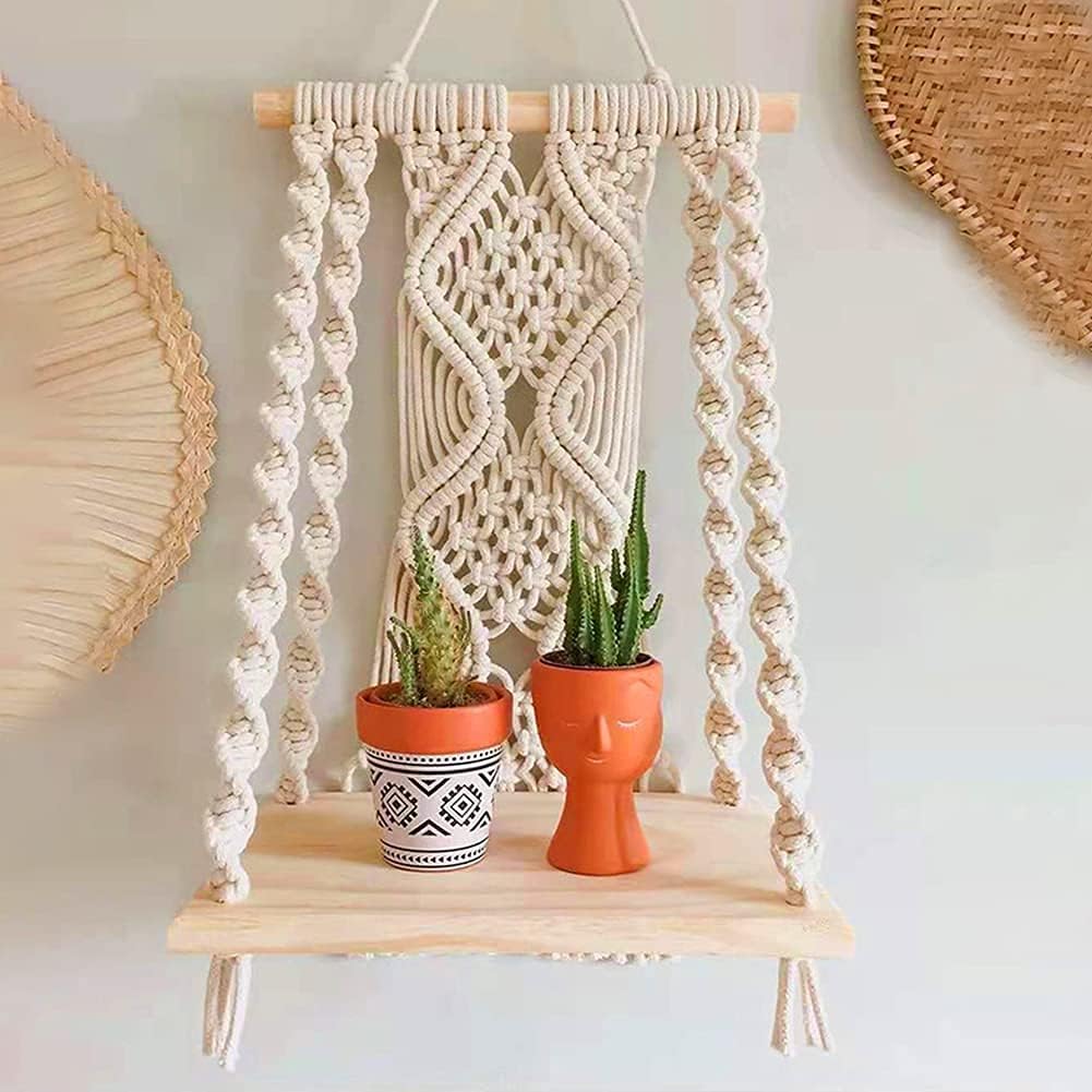 Mong Handmade Macrame Wall Hanging Shelf, Boho Indoor Rope Plant Pot Basket Hanger Holder, Rope Plant Hanger for Wall Decor Indoor Outdoor