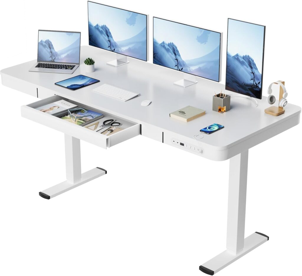 Furmax Electric Standing Desk with Drawer 55 x 24 Inch Adjustable Height Stand up Desk Home Office Computer Desk with USB Ports, White