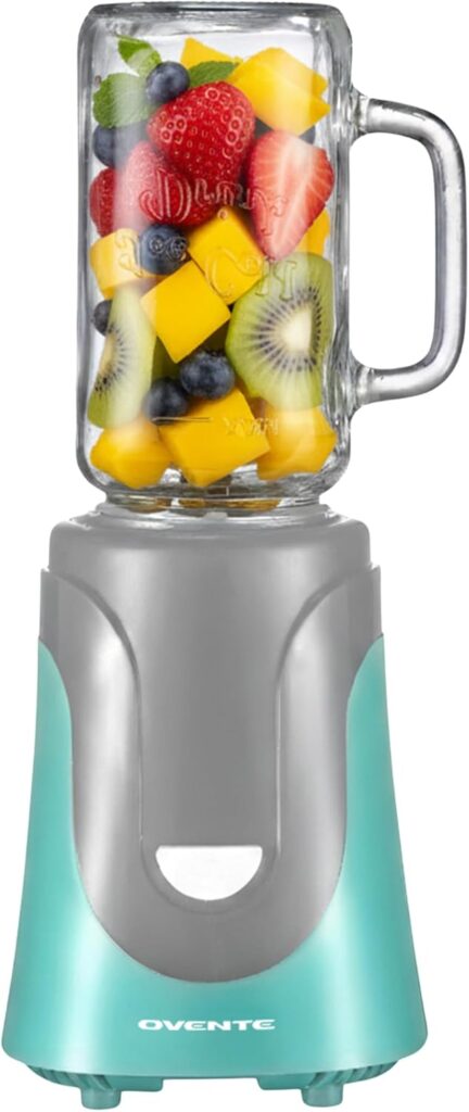 OVENTE Retro Personal Blender and Smoothie Maker with 18 Oz Mason Jar, 300W Base, Stainless Steel Blades, BPA-Free and Dishwasher Safe Container, Includes Reusable Straw and Lid, Turquoise BLH1002T