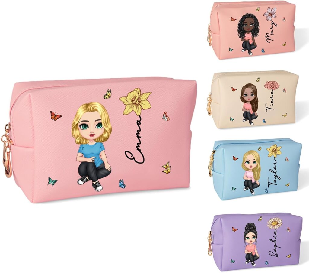 callie Personalized Travel Makeup Bag, Custom Birth Flower and Cartoon Character with Name on Portable Cosmetic Bag, Christmas Gifts, Birthday Gifts for Woman, Friend, Teachers