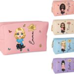 callie Personalized Travel Makeup Bag, Custom Birth Flower and Cartoon Character with Name on Portable Cosmetic Bag, Christmas Gifts, Birthday Gifts for Woman, Friend, Teachers