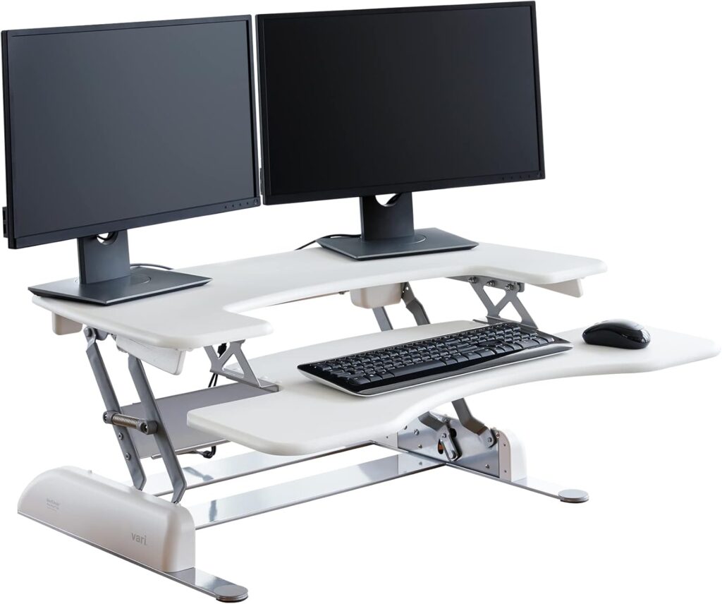 Vari Varidesk Pro Plus 36 Standing Desk Converter – 11 Height Settings + Spring Lift, 2 Tier Design, Keyboard Tray, Fits Desktops 36” Wide x 26.5″ Deep – Delivers Fully Assembled (White)