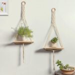 FLORABLISS Macrame Wall Hanging Shelf Set of 2 with Adhesive Hooks Indoor Wall Decor for Bedroom, Wood Hanging Shelf Organizer, Handmade Woven Cotton Rope Bohemian Home Decor