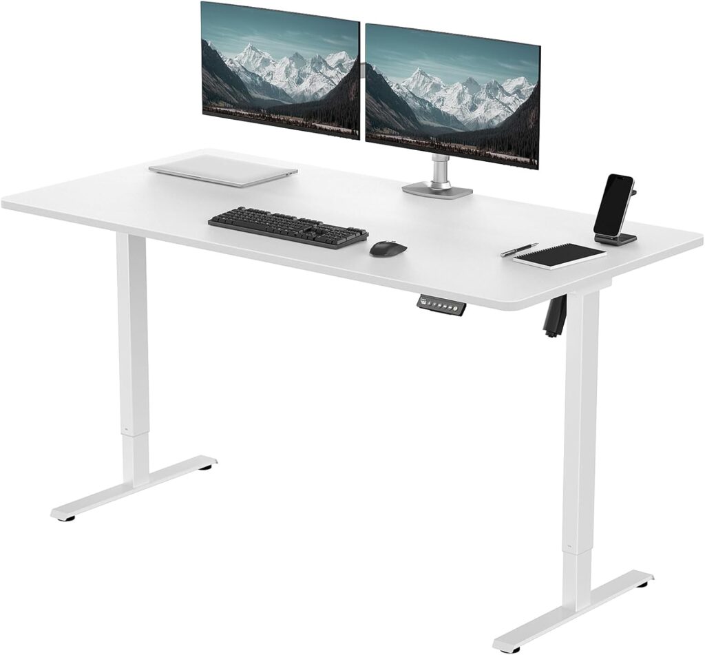 59 x 30 in One-Piece Electric Standing Desk Adjustable Height, Sit to Stand Up Desk for Home Office, Work & Study, White Frame & White Desktop (2 Packages)