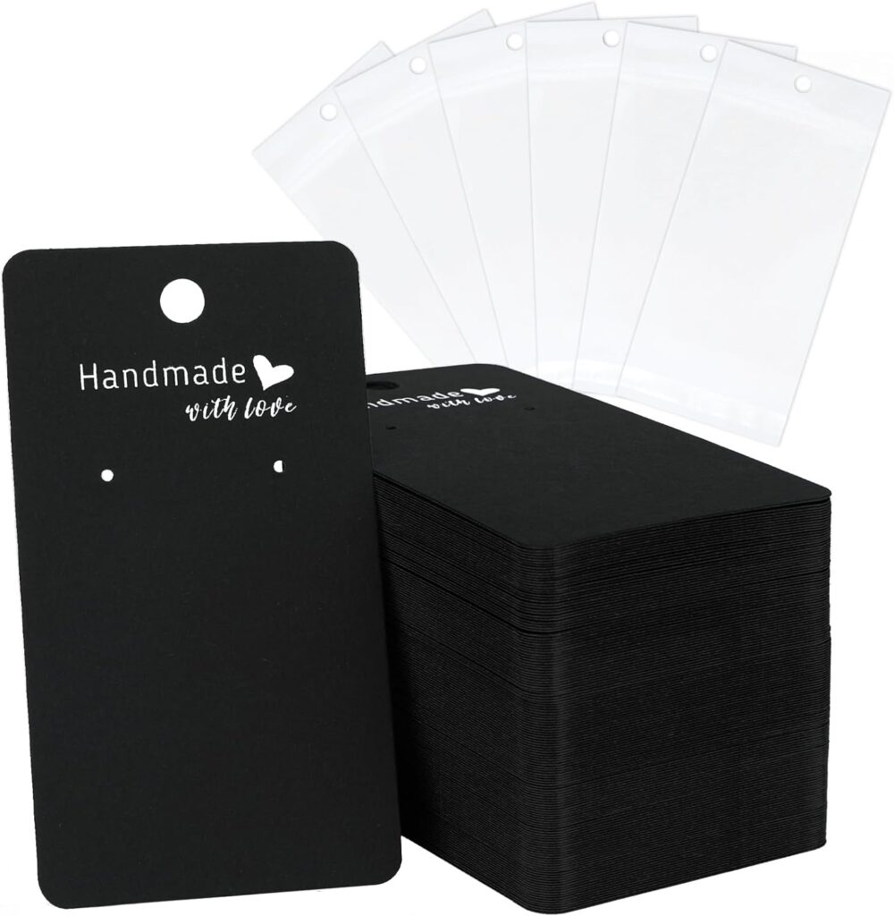 joycraft 100Pcs Earring Display Cards with Bags, 2×3.5 inch Earring Display Holder Cards, Black Handmade with Love Jewelry Tags for Selling, DIY Jewelry Crafts, Retail