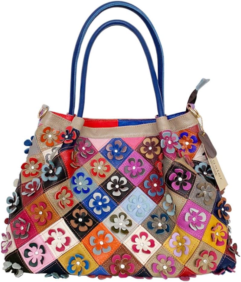 Women’s Multicolor Floral Tote Bag Big Genuine Leather Colorful 3D Shoulder Bag