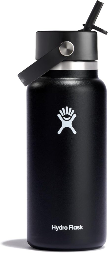 Hydro Flask Water Bottle – Insulated Stainless Steel – Wide Straw Lid, Non Spill, Leakproof in 32 Oz Black