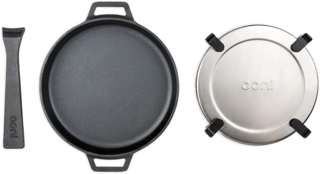 ooni Cast Iron Skillet Pan – 9″ Round Fyring Skillet Pan with Removable Handle and Sainless Steel Trivet, Cast Iron Frying Pan, Pre-Seasoned Non-Stick Oven Safe Cookware, Pizza Oven & BBQ Accessories