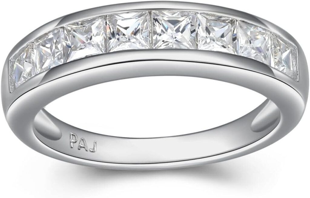 MORGAN & PAIGE .925 Sterling Silver Platinum or 18K Gold Plated Anniversary Wedding Rings for Women – Classic Channel-Set Princess Cut Cubic Zirconia Ring, Stackable Wedding Bands for Women Size 5-9