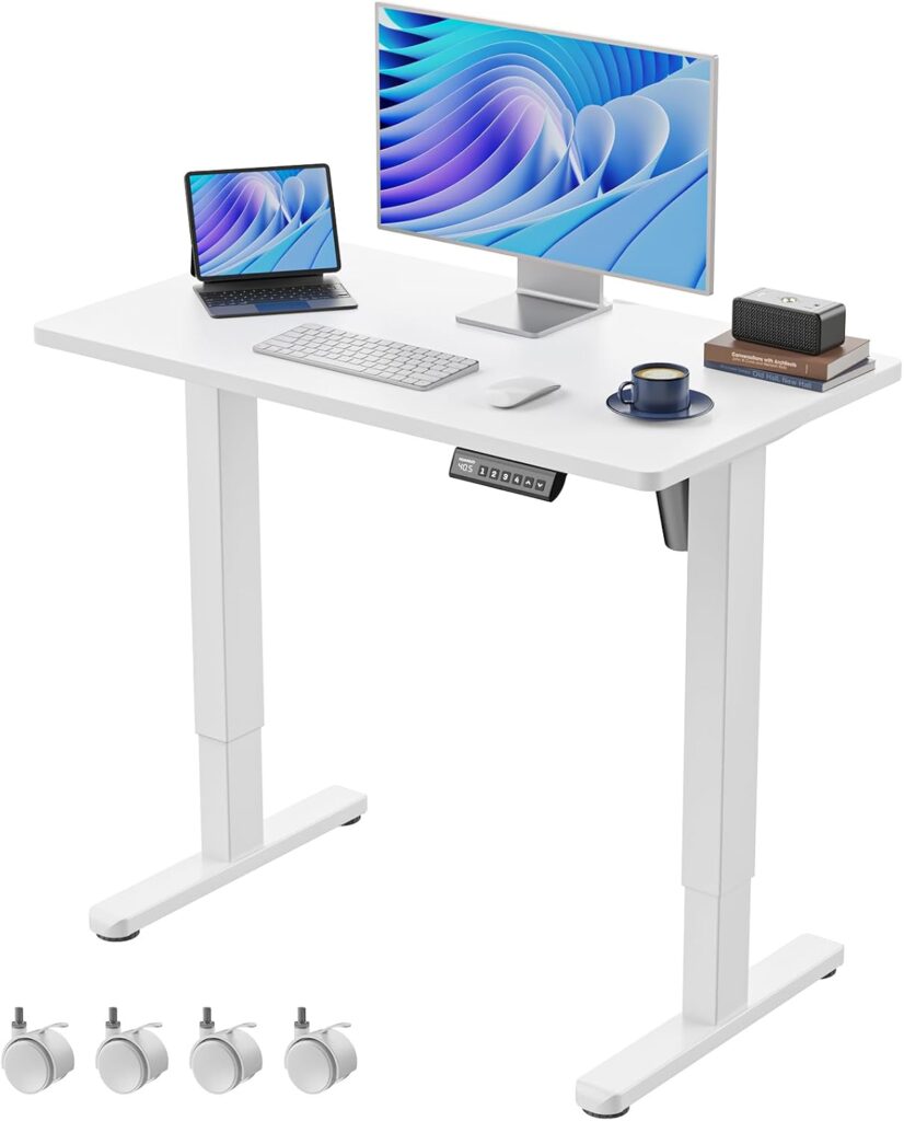 HUANUO Electric Small Standing Desk, 35″ x 20″ Whole Piece Desktop, Adjustable Height Computer Desk, 4 Height Memory Settings, Sit Stand Up Desk for Home Office, White
